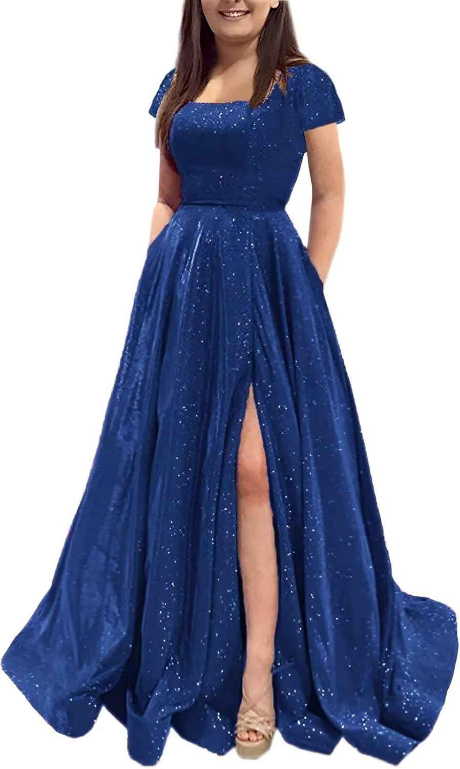 Prom Dresses Long A Line with Pockets Formal Evening Ball Gowns Side Slit Glitter Party Dress - Bmbride
