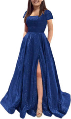 Prom Dresses Long A Line with Pockets Formal Evening Ball Gowns Side Slit Glitter Party Dress - Bmbride