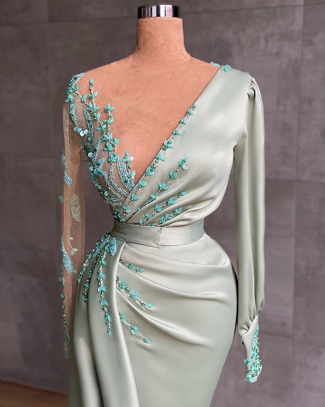 BMbride Prom dresses long mint green Evening dresses with sleeves BMbride