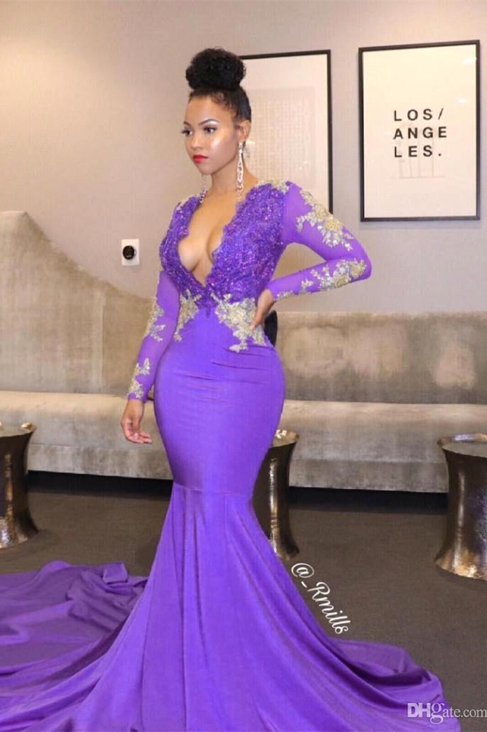 Alluring Purple Long Prom Dresses with Deep V-neck Lace and Mermaid Style Evening Gowns BM bride