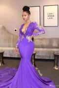 BMbride Purple Long Prom Dresses Deep V-neck Lace Mermaid Evening Gowns BMbride