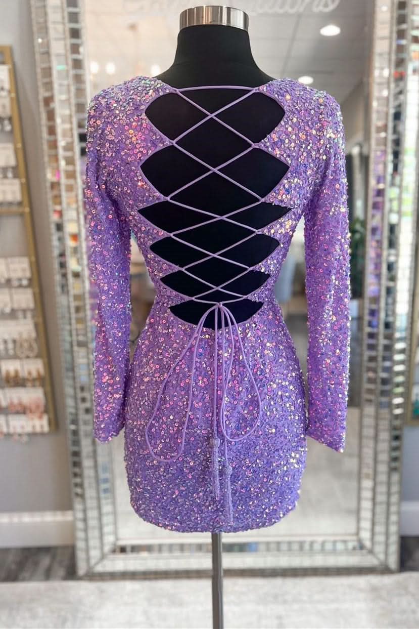 Glamorous Purple Sequin Lace-Up Short Party Dress with Long Sleeves BM bride