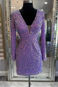 Glamorous Purple Sequin Lace-Up Short Party Dress with Long Sleeves BM bride