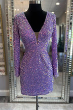 Glamorous Purple Sequin Lace-Up Short Party Dress with Long Sleeves BM bride