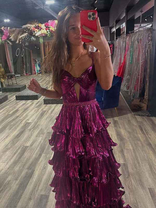 Purple A Line Spaghetti Straps Ruffle Tiered Prom Dress BMBRIDE