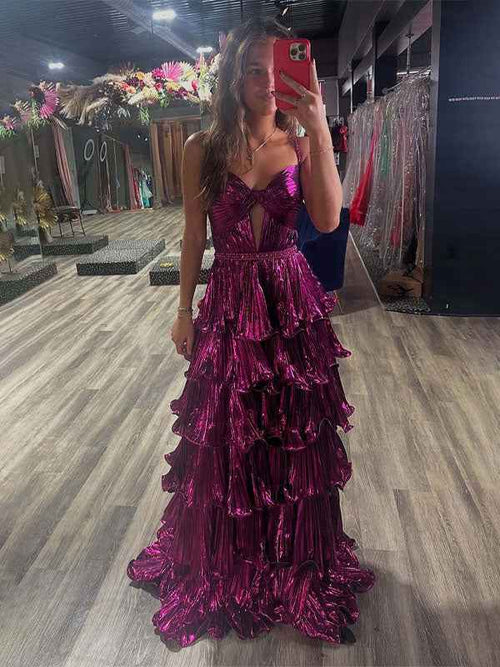 Purple A Line Spaghetti Straps Ruffle Tiered Prom Dress BMBRIDE