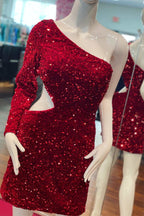 Vibrant Purple Sequin One-Sleeve Cutout Short Homecoming Dress BM bride