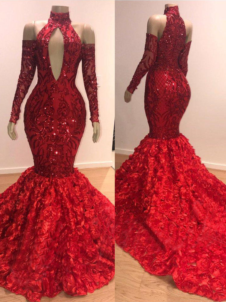 BMbride Red Floral Mermaid High Neck Long Sleeve Prom Dresses BMbride