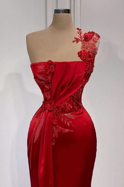 BMbride Red Flowers One Shoulder Sleeveless Floor-length Prom Dresses BMbride