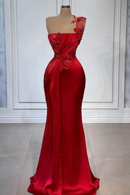 BMbride Red Flowers One Shoulder Sleeveless Floor-length Prom Dresses BMbride