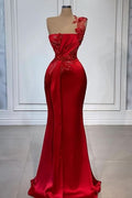 BMbride Red Flowers One Shoulder Sleeveless Floor-length Prom Dresses BMbride