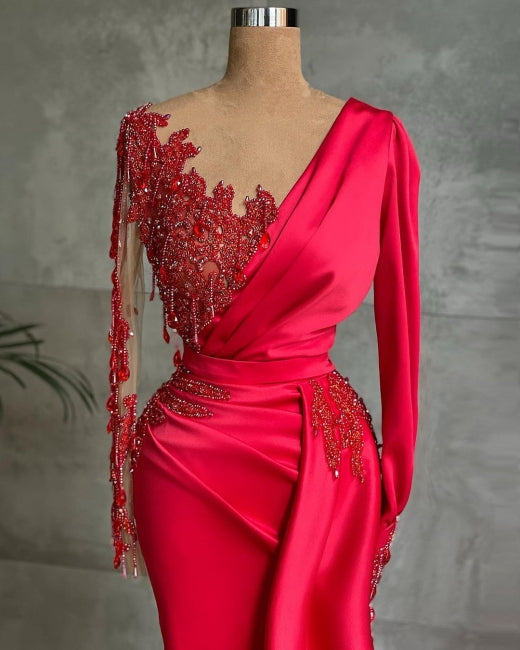 BMbride Red Long Prom Dresses | Evening dresses with sleeves BMbride