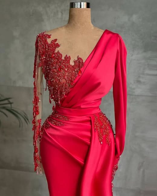 BMbride Red Long Prom Dresses | Evening dresses with sleeves BMbride