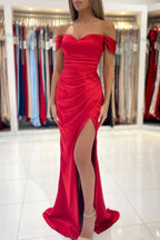BMbride Red Off The Shoulder Mermaid Evening Maxi Dress with Side Slit BMbride