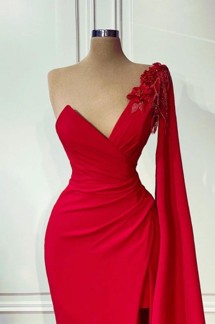 BMbride Red One-shoulder Sleeveless Mermaid Satin Floor-Length Prom Dresses with Ruffles BMbride