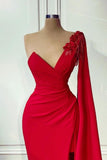 BMbride Red One-shoulder Sleeveless Mermaid Satin Floor-Length Prom Dresses with Ruffles BMbride