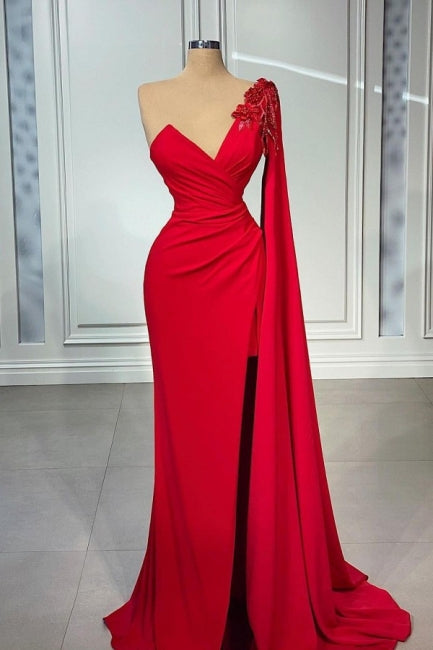 BMbride Red One-shoulder Sleeveless Mermaid Satin Floor-Length Prom Dresses with Ruffles BMbride