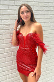 Dramatic Plunging Off-the-Shoulder Sequined Homecoming Dress with Feathers BM bride