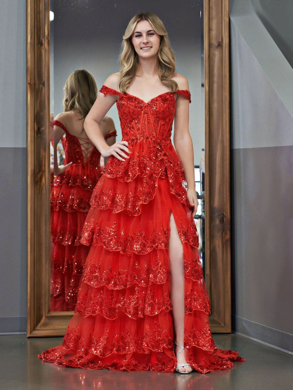 Stunning Red Princess A-Line Off the Shoulder Corset Prom Dress with Lace Ruffles BM bride