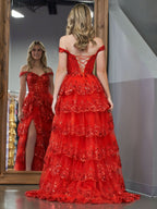 Stunning Red Princess A-Line Off the Shoulder Corset Prom Dress with Lace Ruffles BM bride