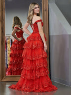 Stunning Red Princess A-Line Off the Shoulder Corset Prom Dress with Lace Ruffles BM bride