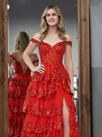 Stunning Red Princess A-Line Off the Shoulder Corset Prom Dress with Lace Ruffles BM bride