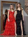 Stunning Red Princess A-Line Off the Shoulder Corset Prom Dress with Lace Ruffles BM bride