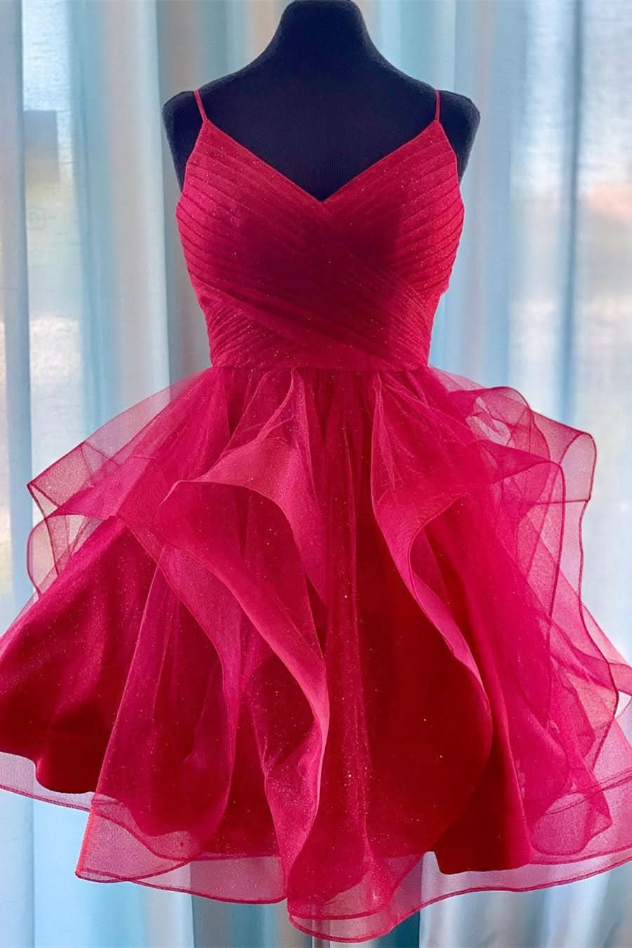 Elegant Red Ruffled Tulle Short Homecoming Dress BM bride