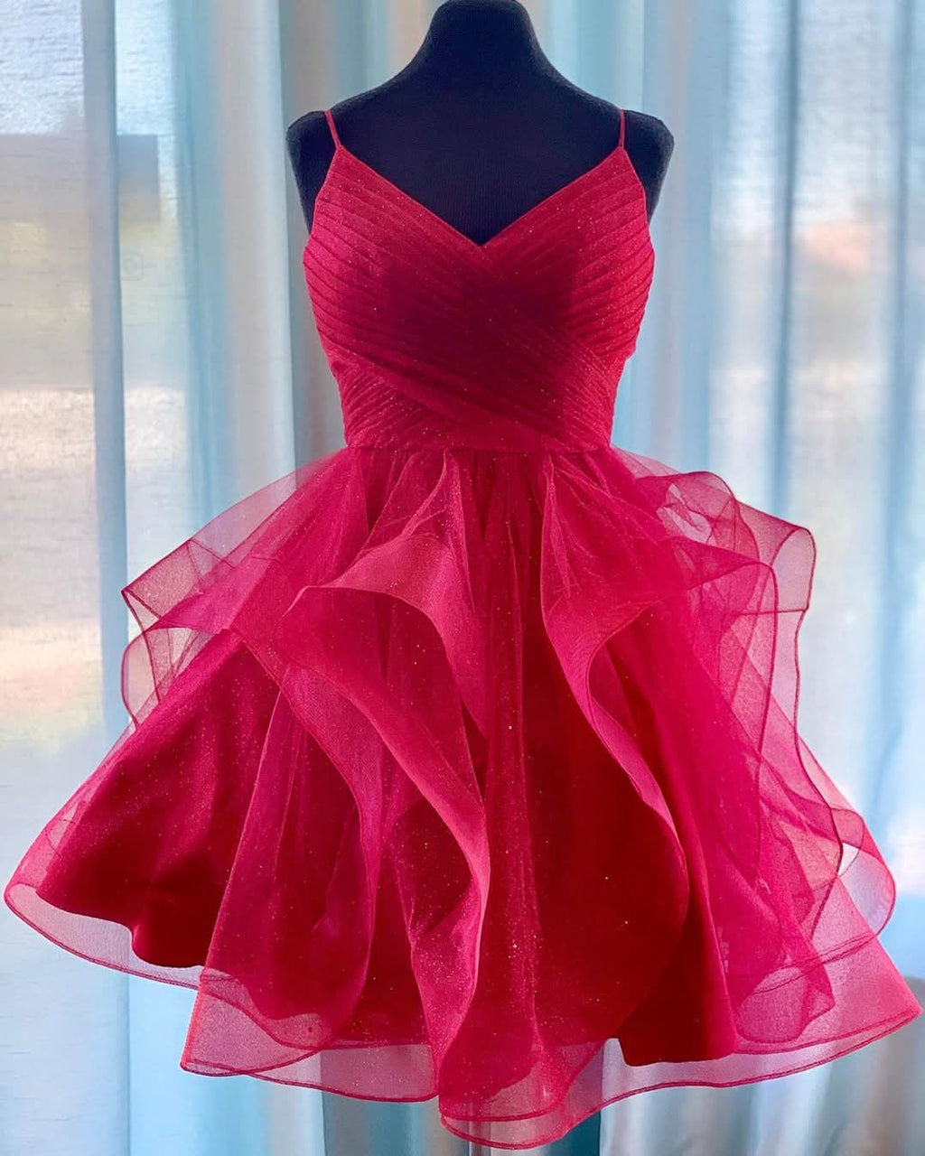 Elegant Red Ruffled Tulle Short Homecoming Dress BM bride