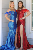 Striking Red Sequins Cold Shoulder Feathers Long Prom Dress with Slit BM bride