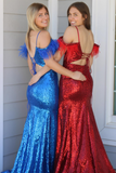 Striking Red Sequins Cold Shoulder Feathers Long Prom Dress with Slit BM bride