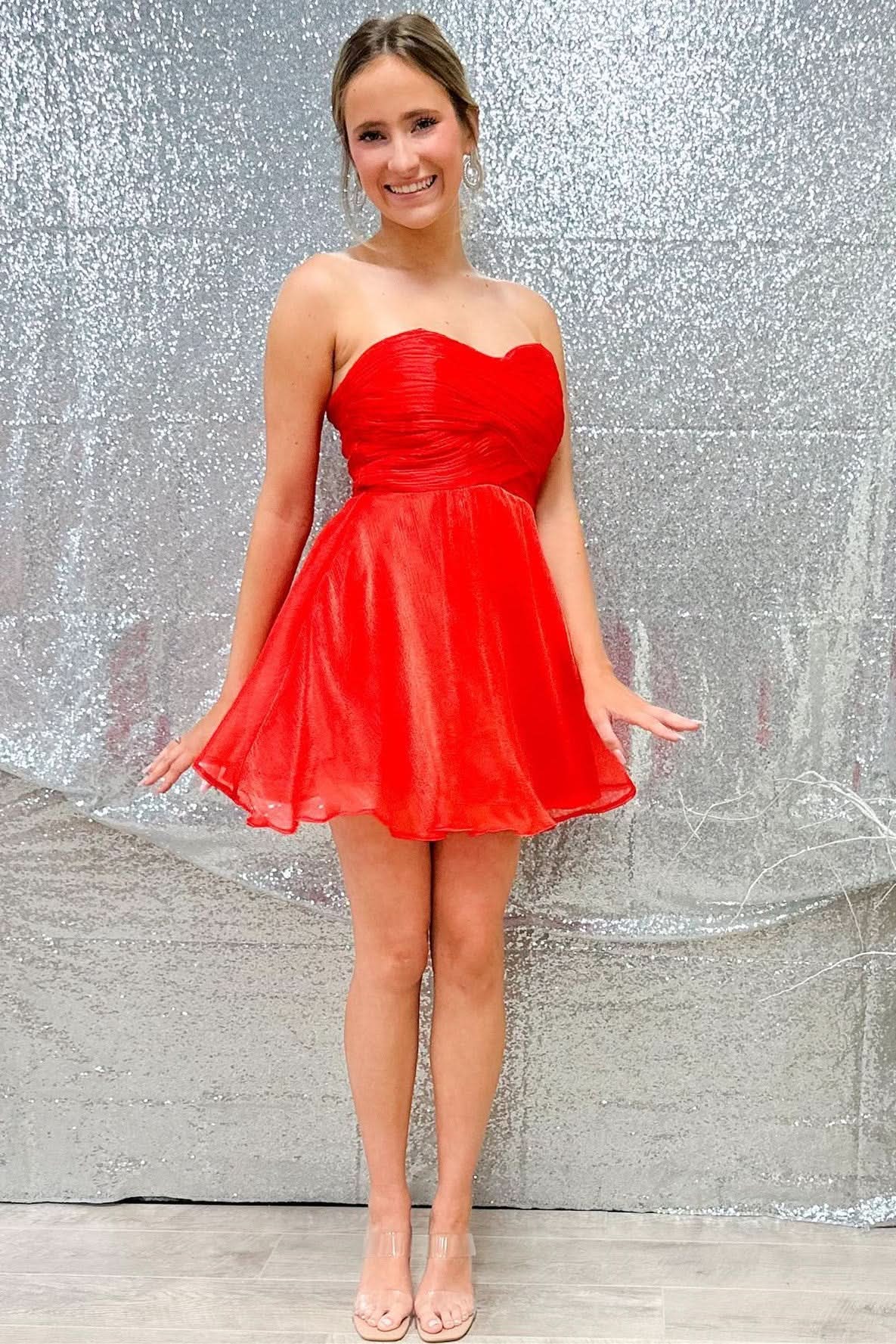 Red Strapless A-Line Short Homecoming Dress BM bride