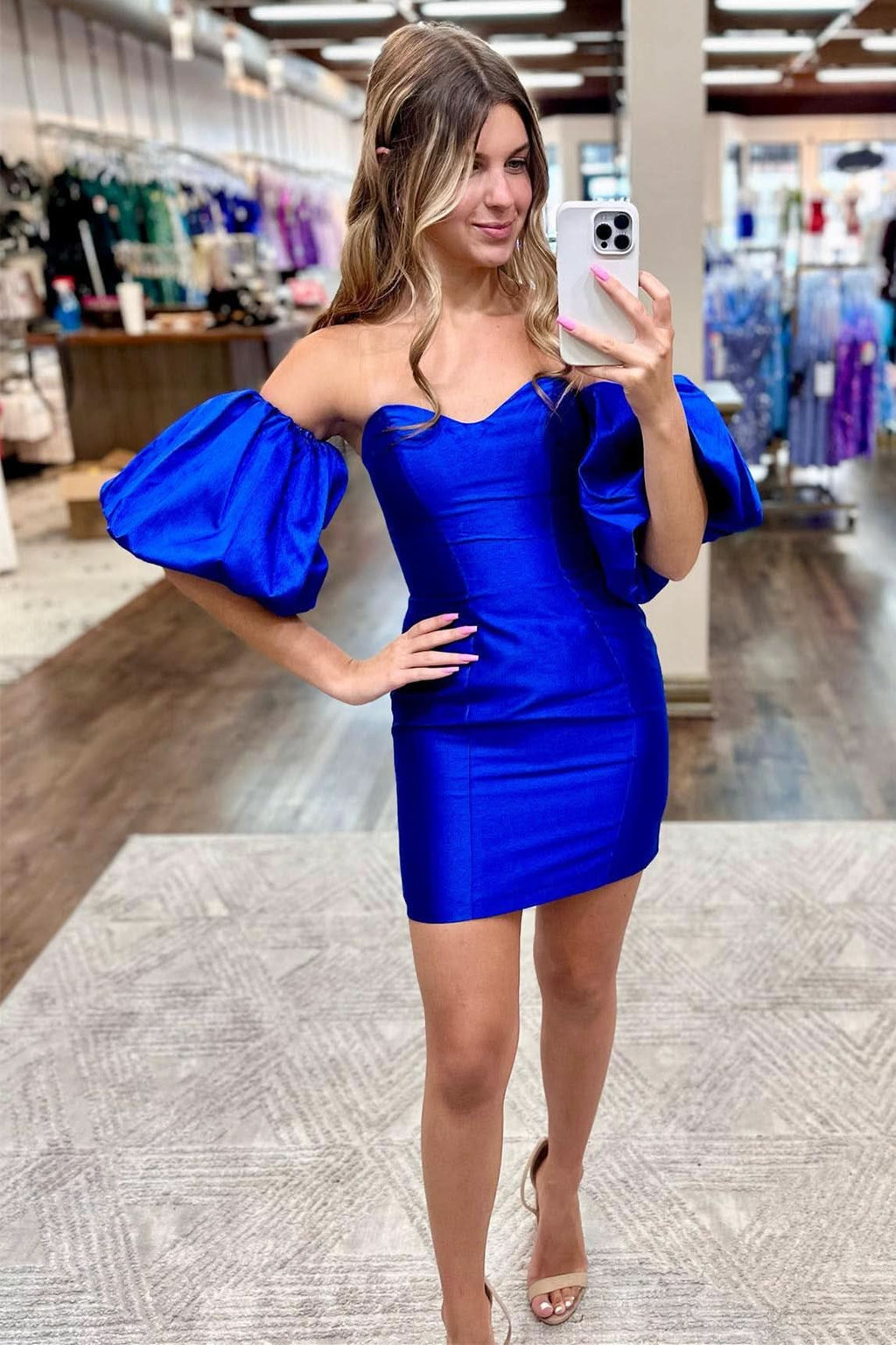 Bold Red Strapless Bodycon Cocktail Dress with Puff Sleeves BM bride