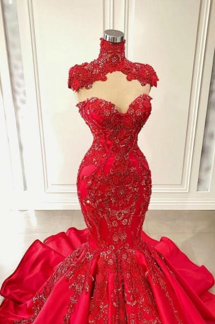 BMbride Red Sweetheart Sleeveless Mermaid Satin Floor-Length Prom Dresses with Beading BMbride