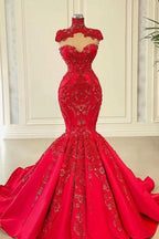 BMbride Red Sweetheart Sleeveless Mermaid Satin Floor-Length Prom Dresses with Beading BMbride