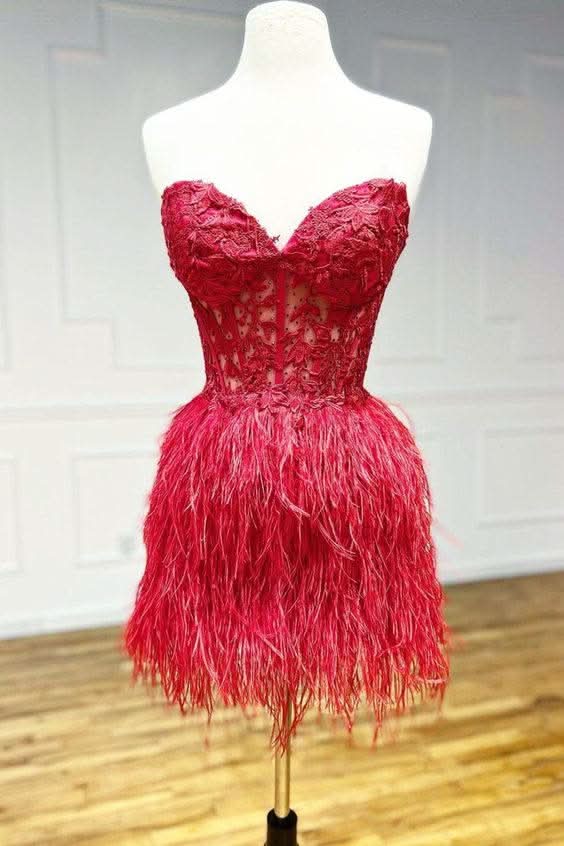 Beautiful Sheath Sweetheart Lace Feather Skirt Homecoming Dress BM bride