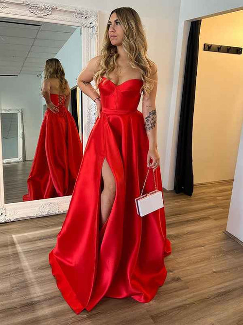 Red A Line Strapless Sweetheart Satin Long Prom Dress with Slit BMBRIDE