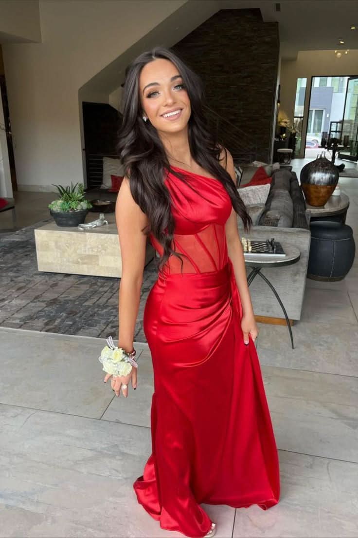 Elegant Sheath One Shoulder Pleated Satin Long Prom Dress BM bride