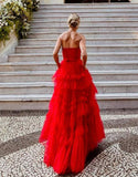 Romantic A-Line Strapless Ruffled Tulle Prom Dress BM bride