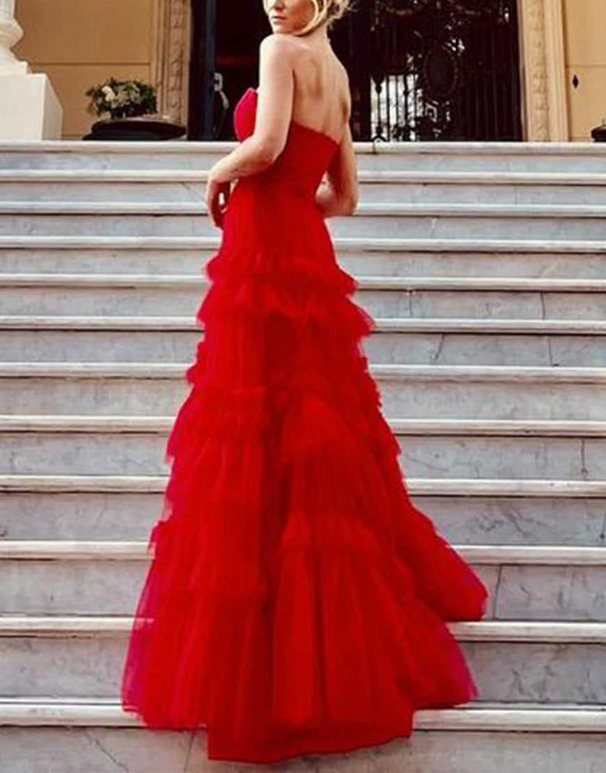 Romantic A-Line Strapless Ruffled Tulle Prom Dress BM bride