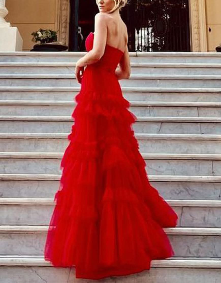 Romantic A-Line Strapless Ruffled Tulle Prom Dress BM bride