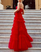 Romantic A-Line Strapless Ruffled Tulle Prom Dress BM bride