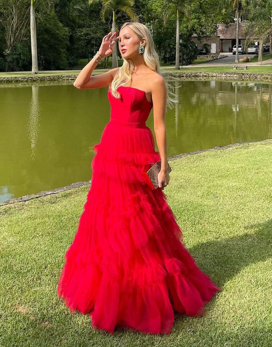 Captivating Red A-Line Strapless Ruffled Tulle Evening Dress BM bride