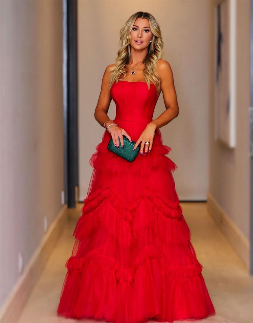 Captivating Red A-Line Strapless Ruffled Tulle Evening Dress BM bride