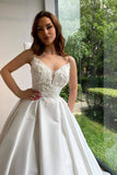 BMbride Romantic Spaghetti Straps White Lace Appliques Aline Wedding Dress Sleeveless Bridal Dress with Train BMbride