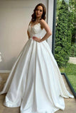 BMbride Romantic Spaghetti Straps White Lace Appliques Aline Wedding Dress Sleeveless Bridal Dress with Train BMbride