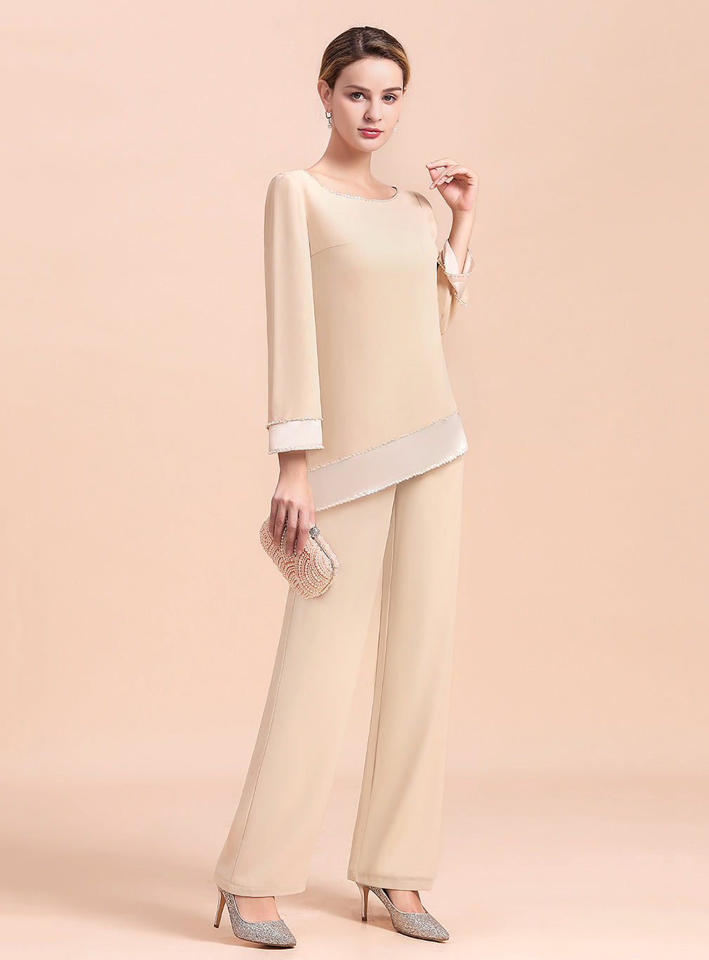 Round-Neck Long Sleeves Chiffon Jumpsuit BMbride