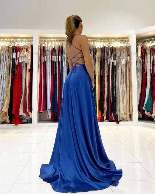 BMbride Royal Blue A-line Backless Long Prom Dresses BMbride