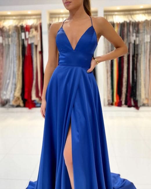 BMbride Royal Blue A-line Backless Long Prom Dresses BMbride
