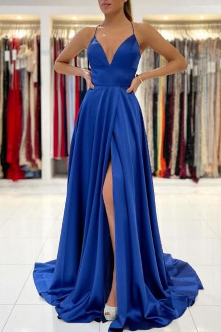 BMbride Royal Blue A-line Backless Long Prom Dresses BMbride